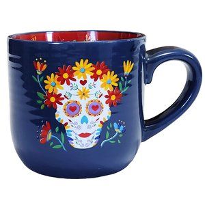 NEW Blue Mug with Floral Skull Motif on Both Sides 15 oz.